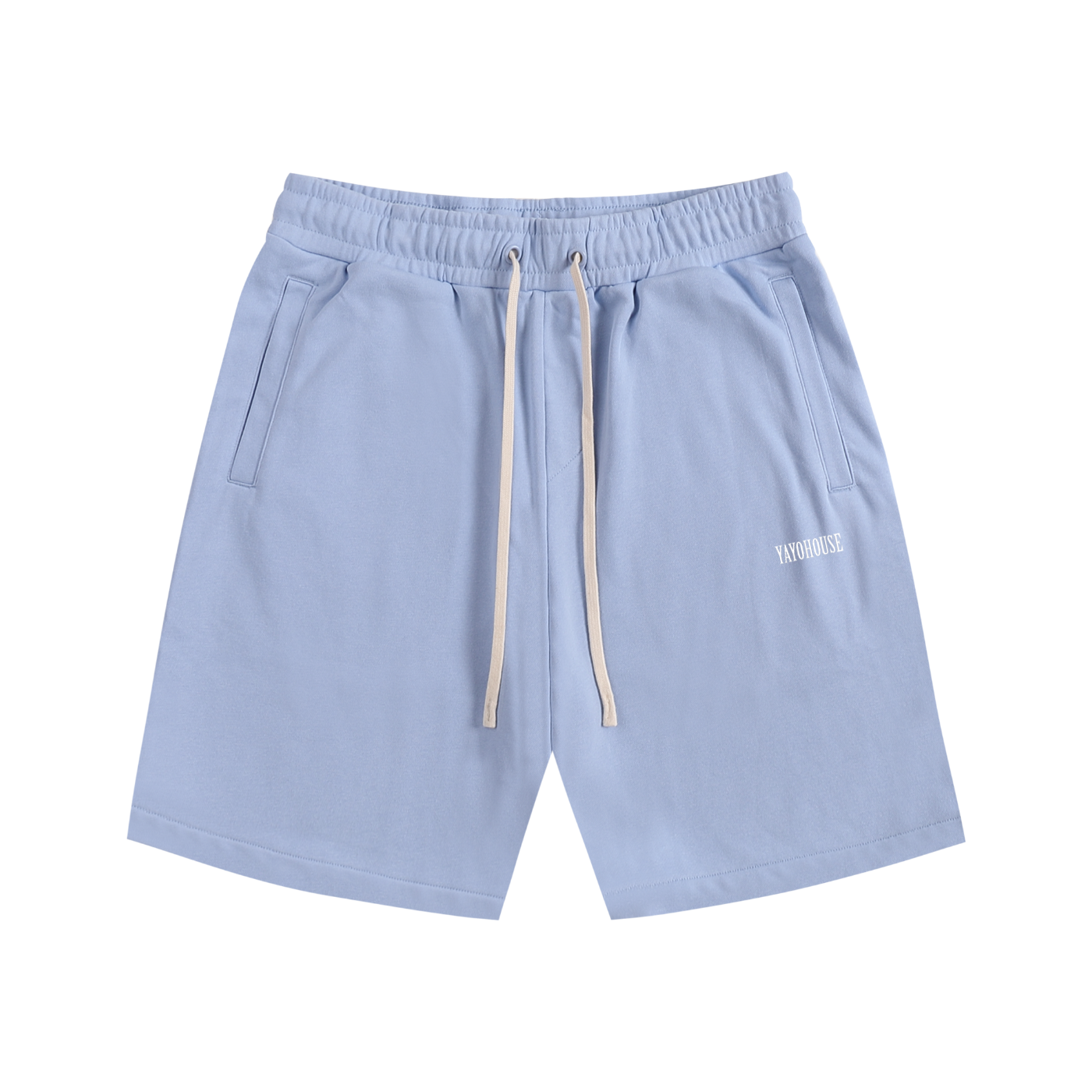 Light blue shorts with pockets and a drawstring.