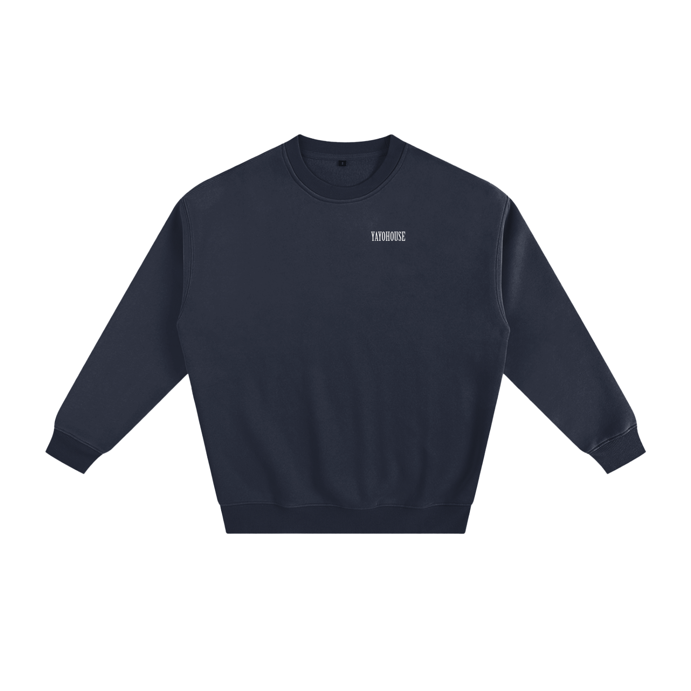 Navy blue sweatshirt with white text.