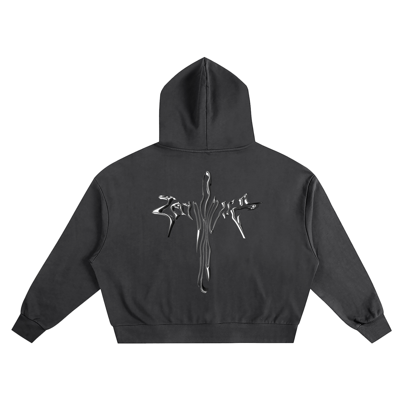 Charcoal gray hoodie with a metallic silver abstract design on the back.