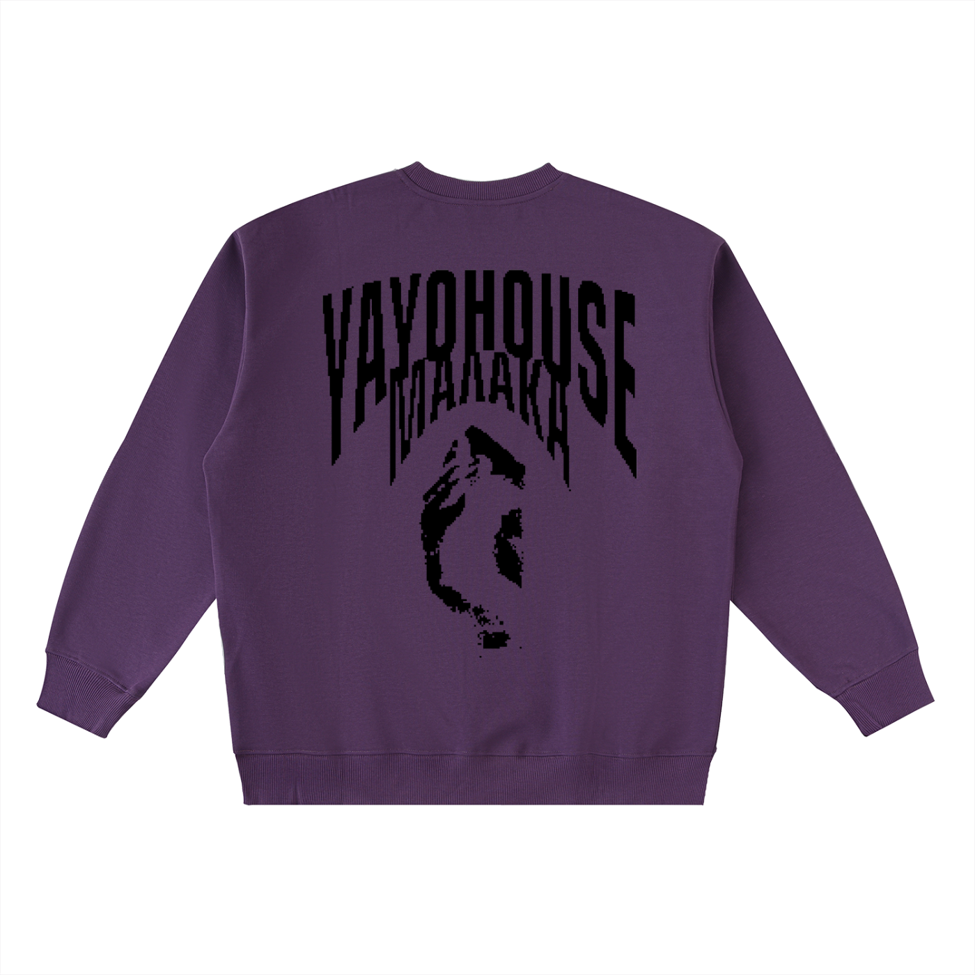 A purple sweatshirt with black graphics on the back.