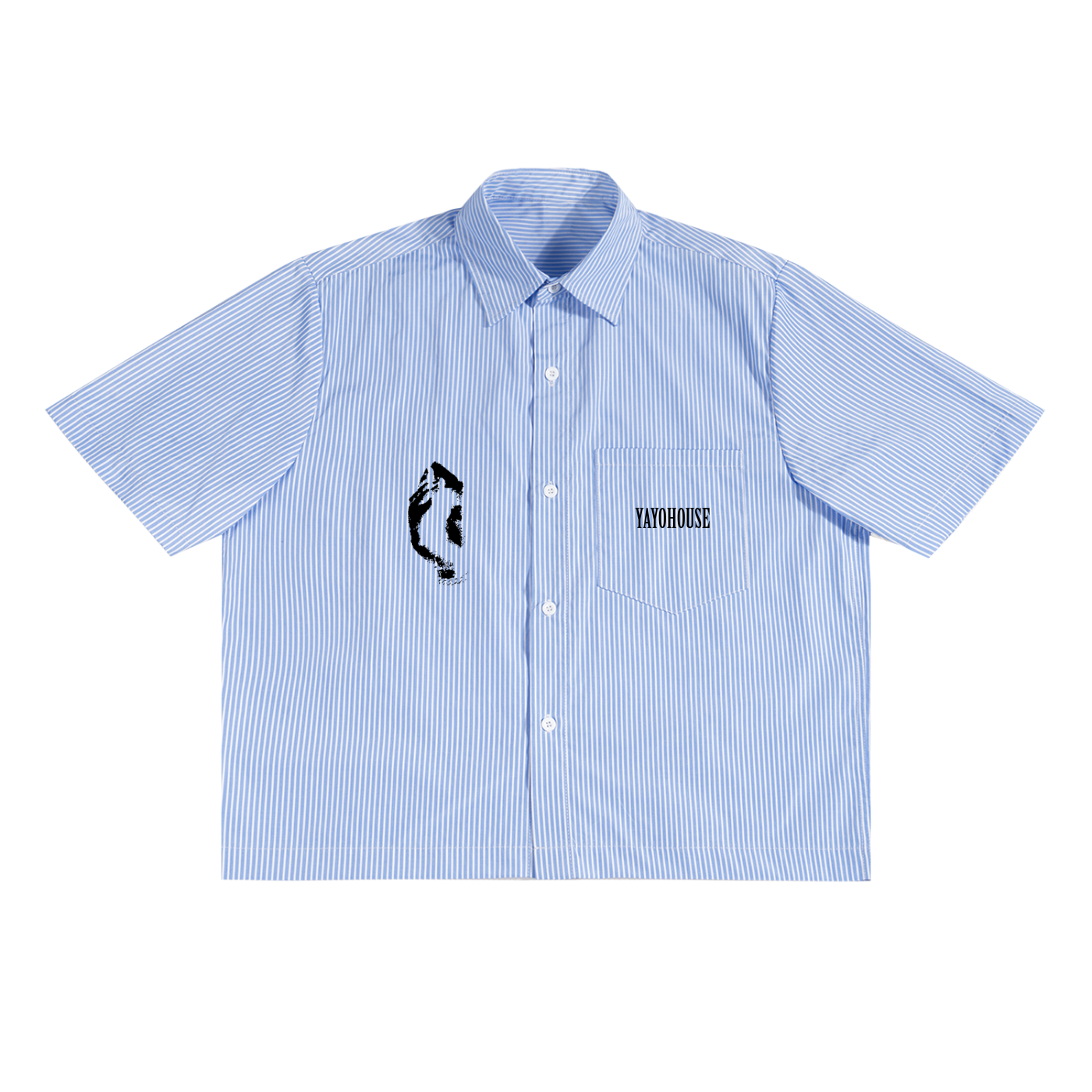 A light blue striped short-sleeved button-down shirt with a pocket.
