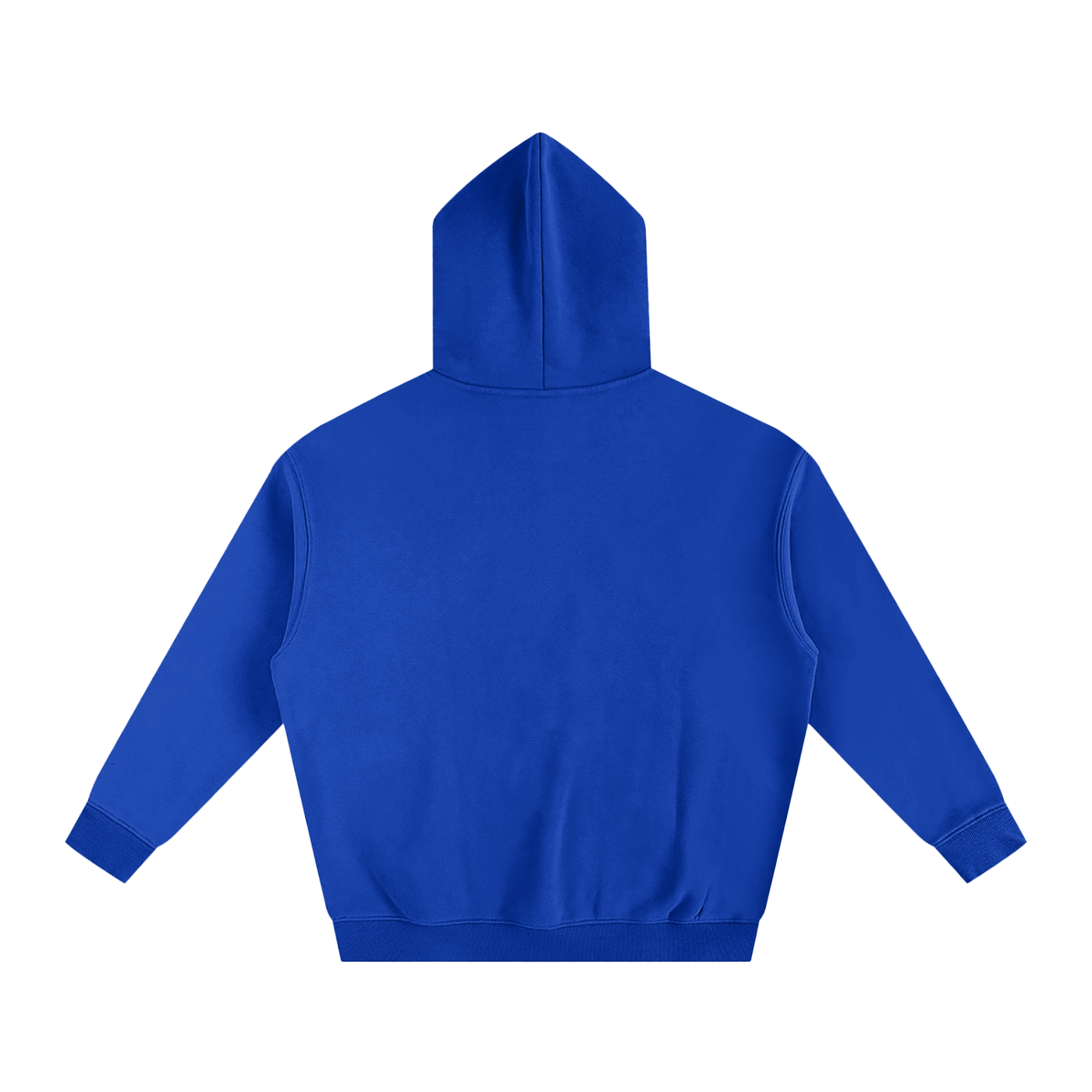 Back view of a blue hoodie with long sleeves.