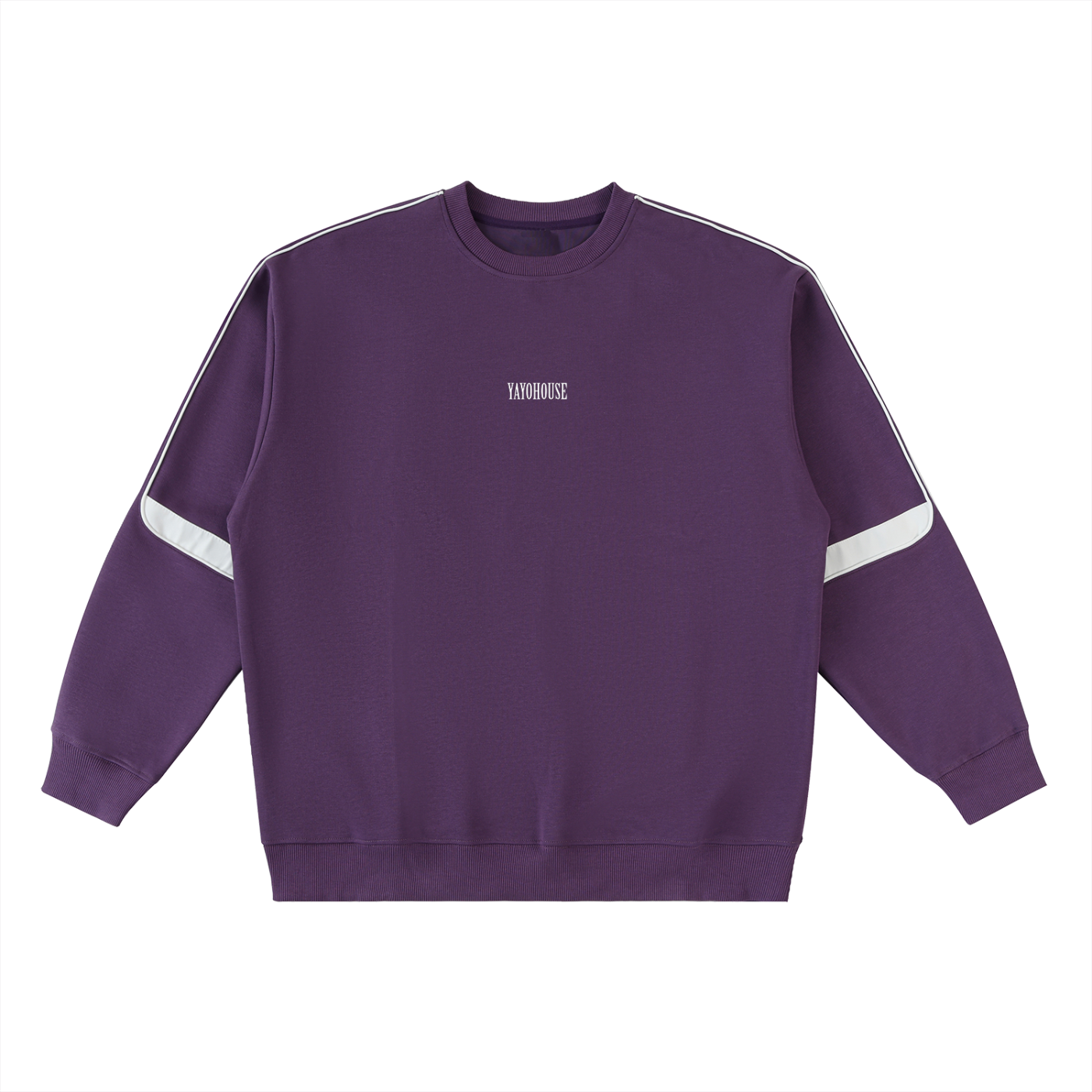 Purple crewneck sweatshirt with white stripes on the shoulders.