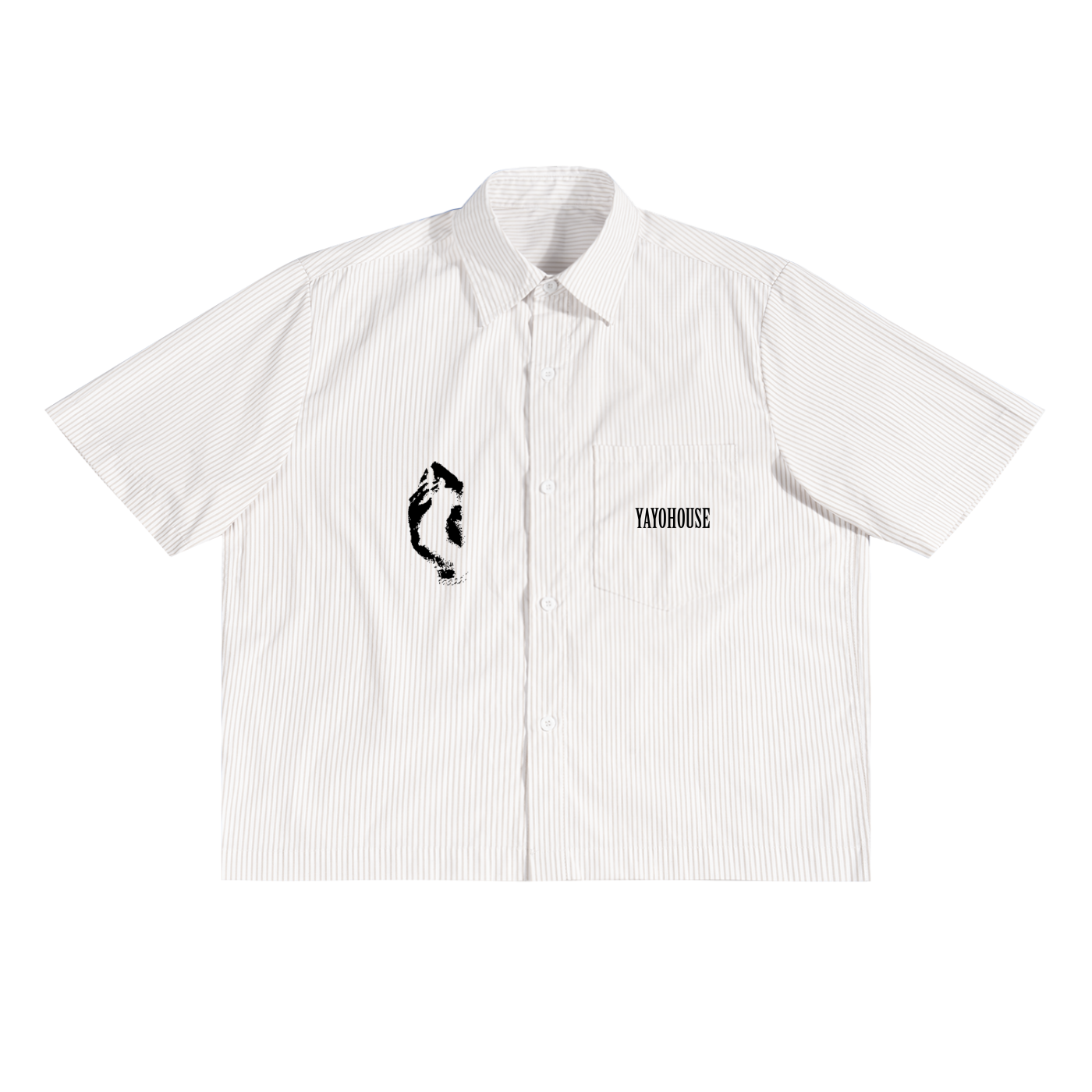 Striped white short-sleeved shirt with black design and logo.