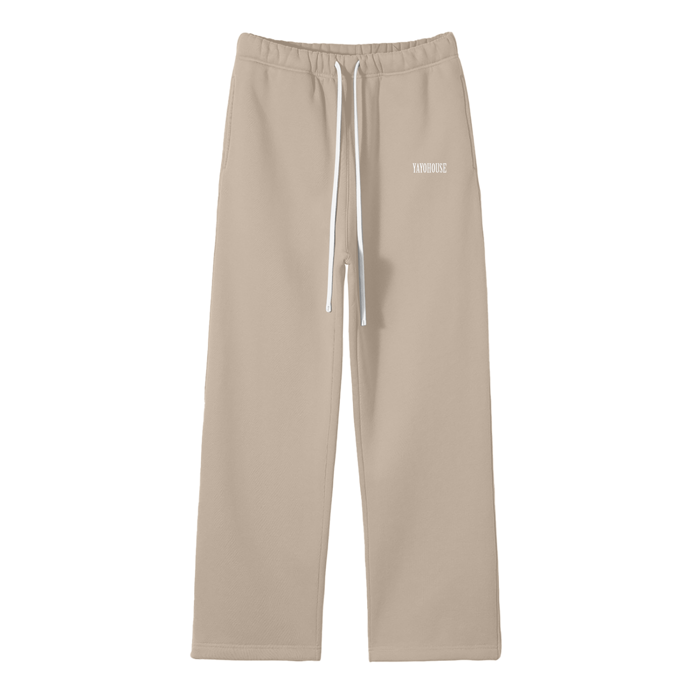 Beige sweatpants with white drawstring.