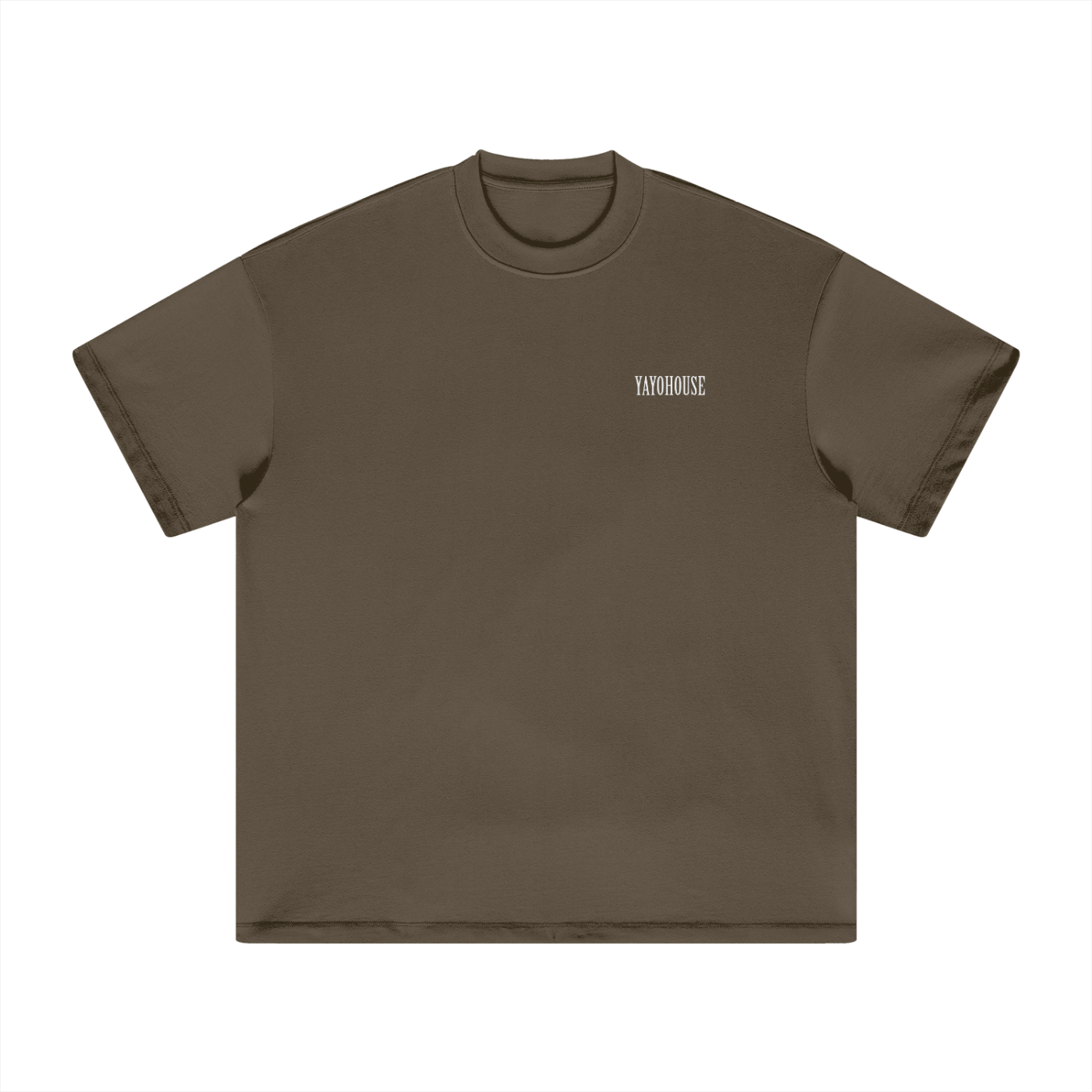 Brown t-shirt with white logo.
