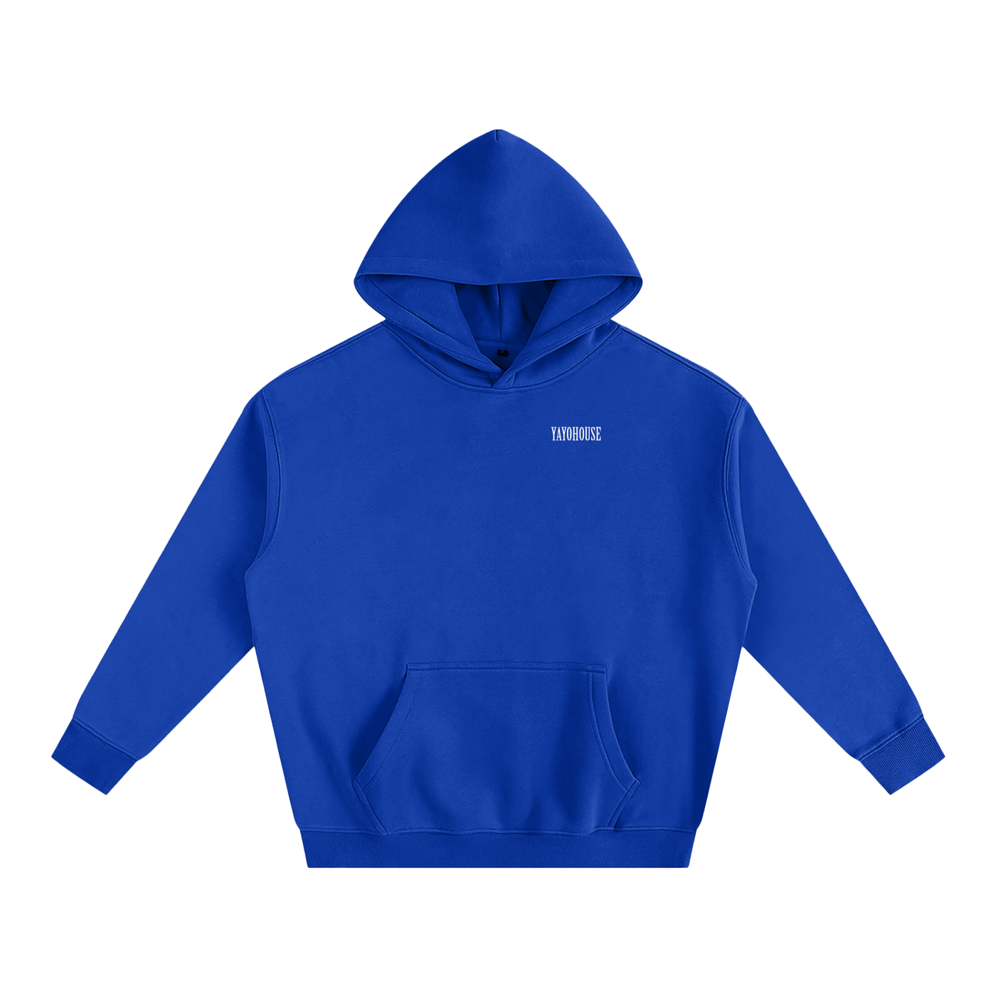 Blue hoodie with front pocket and white logo.