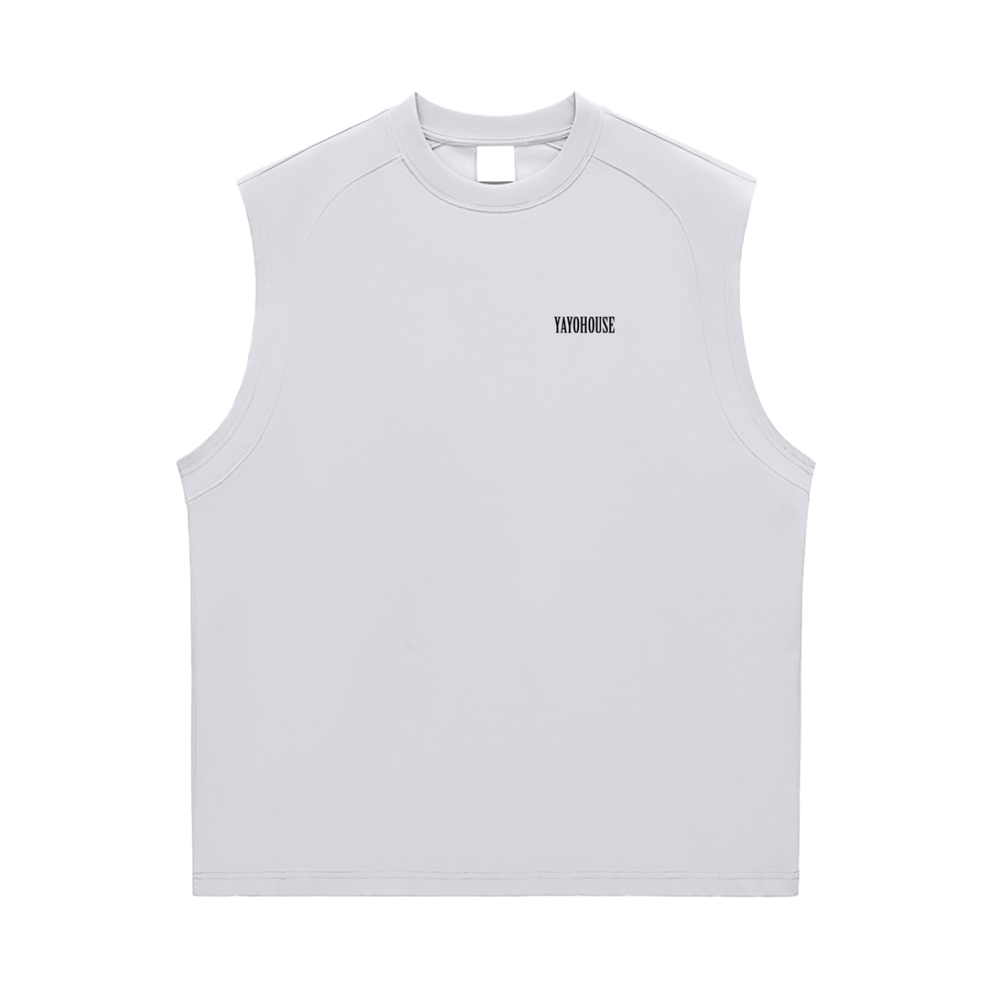 White sleeveless shirt with logo.
