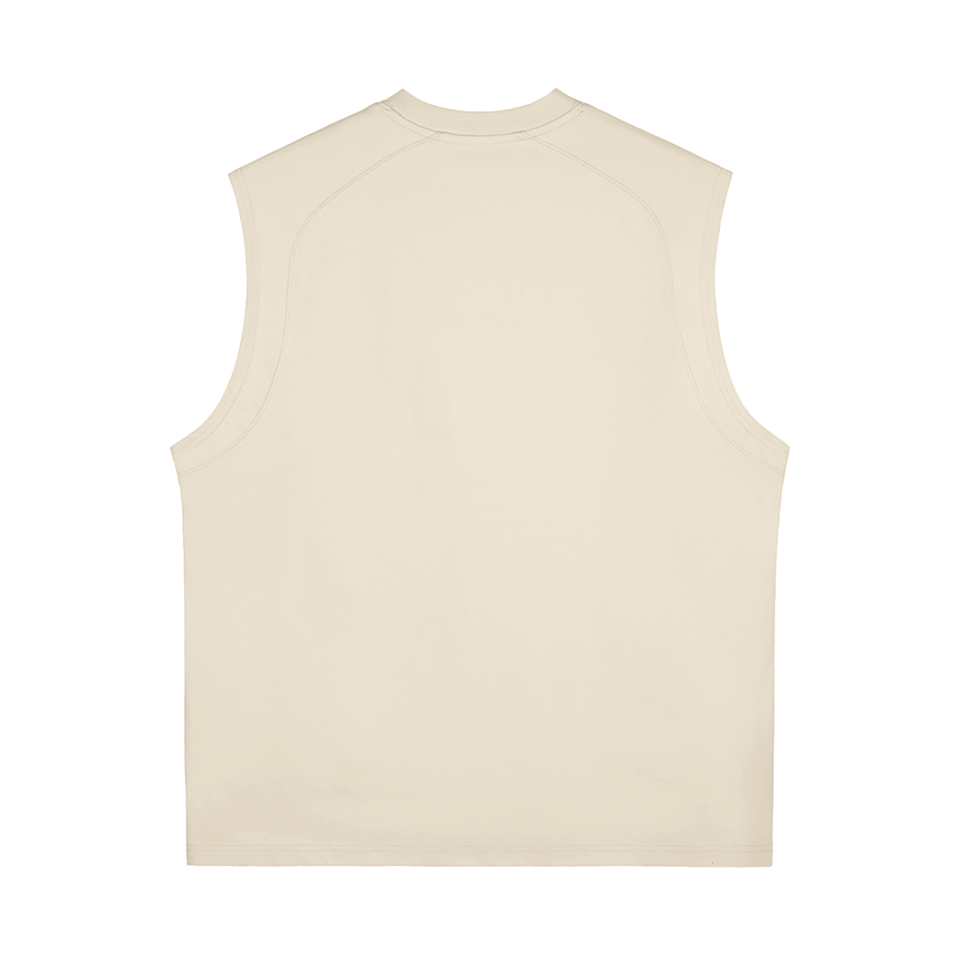 Back of a beige, sleeveless shirt.
