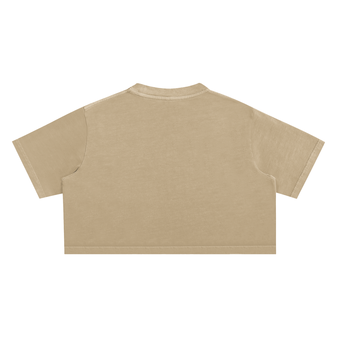 Tan, cropped t-shirt, viewed from the back.