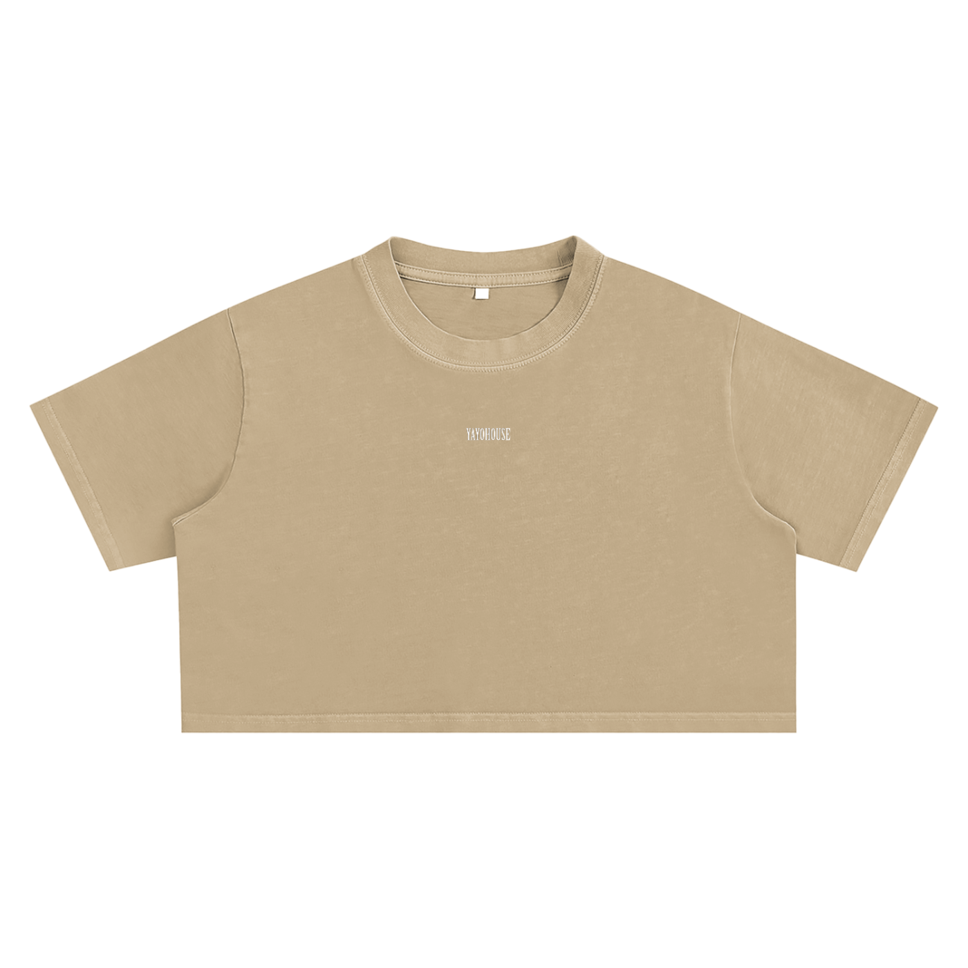 Beige short-sleeved crop top.