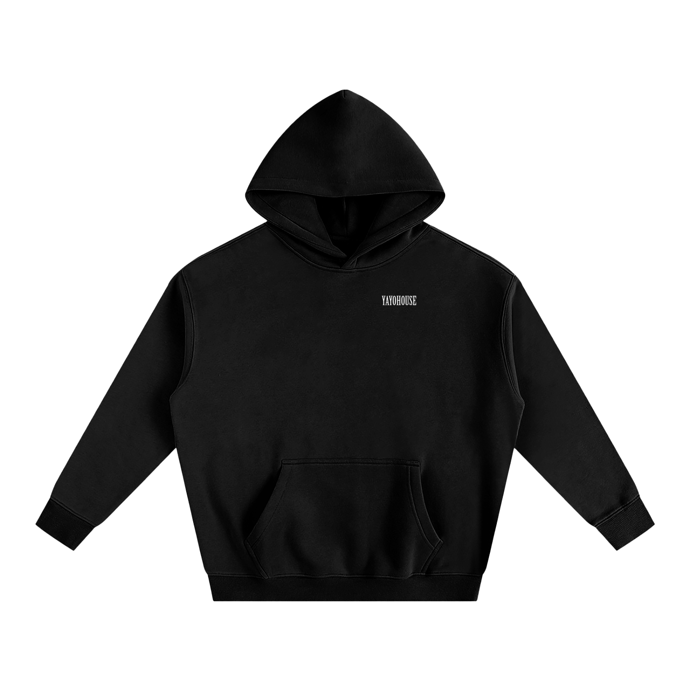 Black hooded sweatshirt with kangaroo pocket.