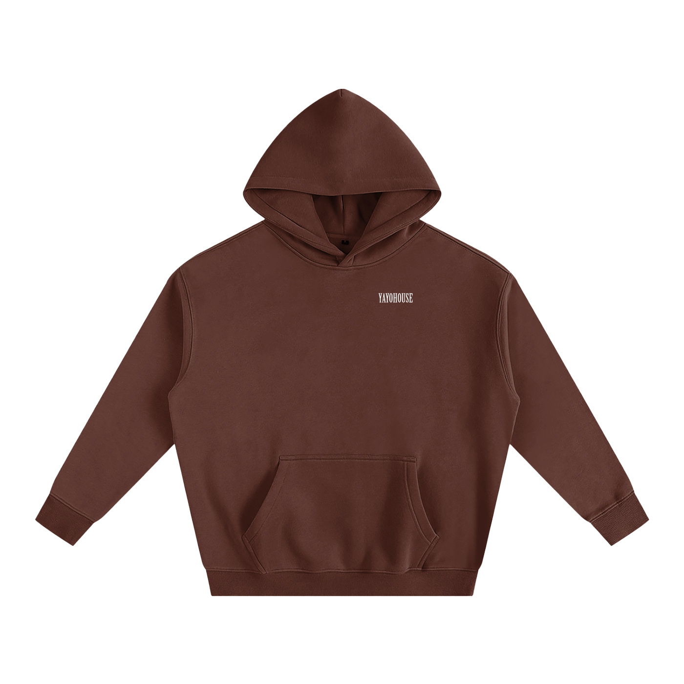 Brown hoodie with white lettering.