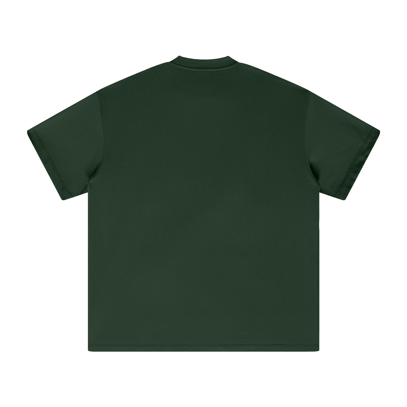 Back of a dark green short-sleeved t-shirt.