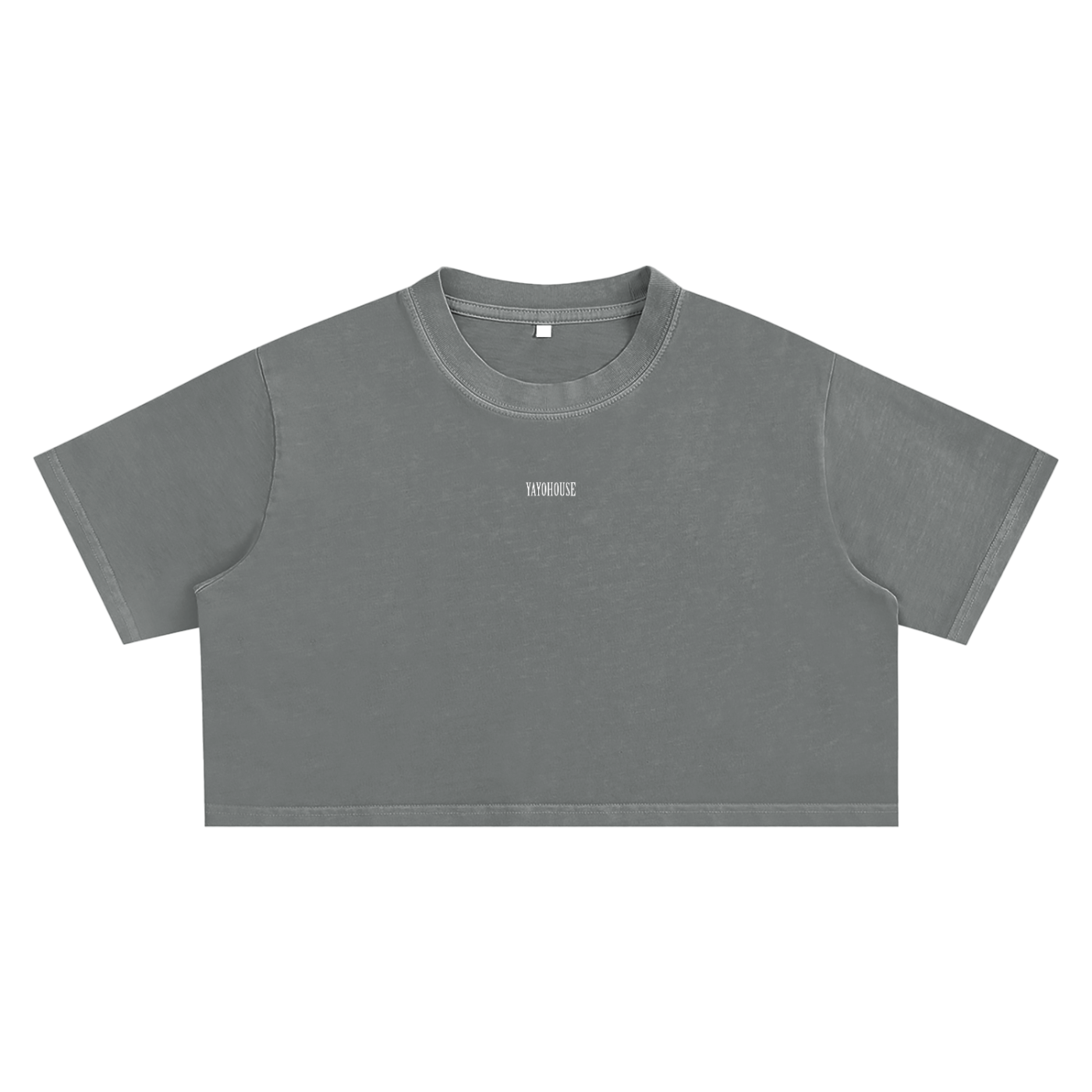Gray cropped t-shirt with the word "YAYOHOUSE".