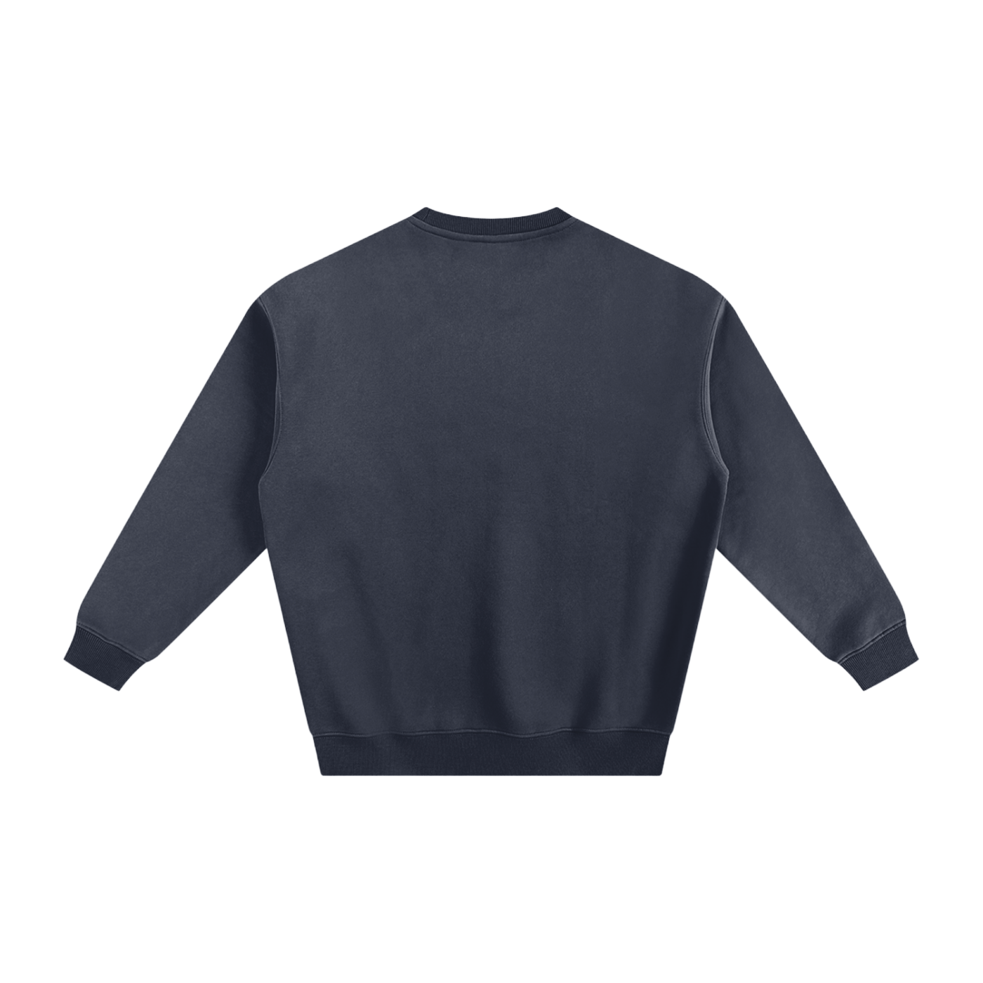Back of a navy blue crew neck sweatshirt.
