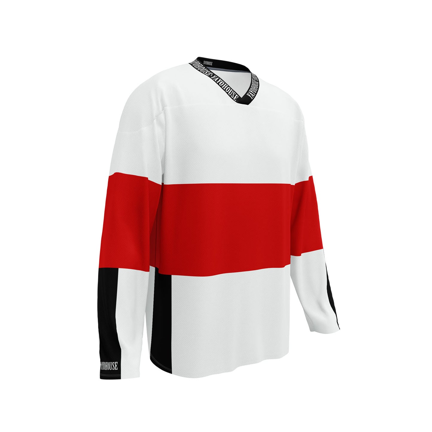 White, red, and black hockey jersey.