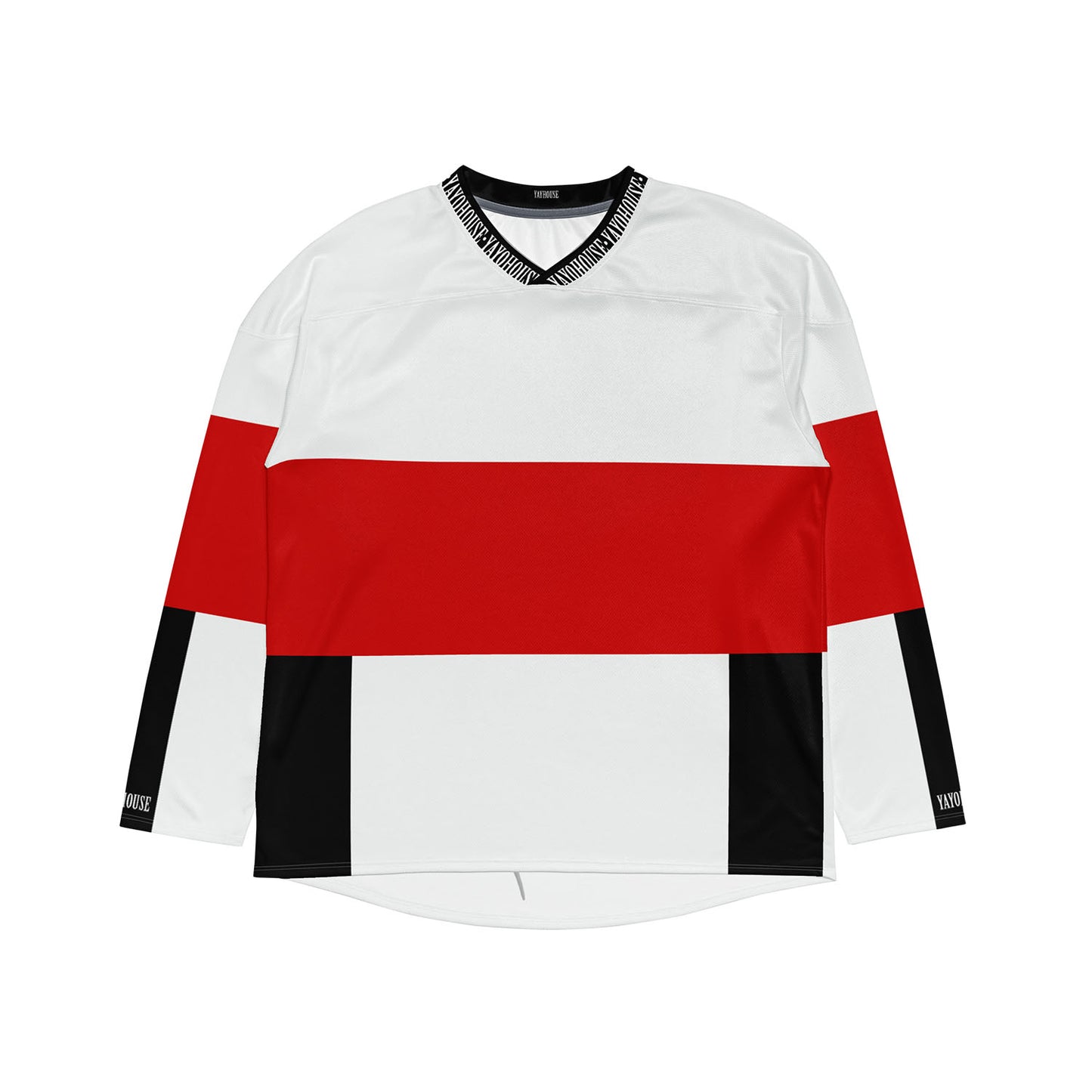 White, red, and black hockey jersey with "YAYHOUSE" lettering around the collar and on the sleeves.