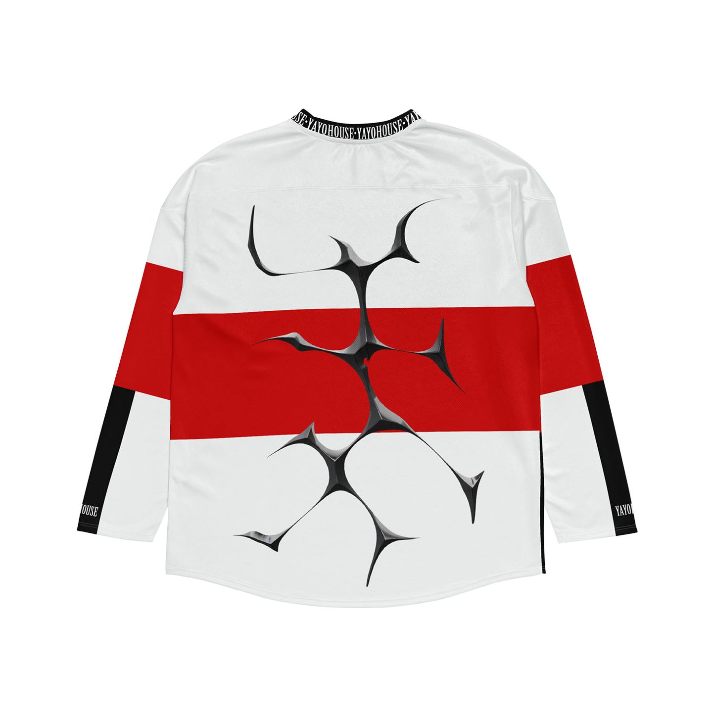 White and red long-sleeved jersey with black accents and abstract graphic.