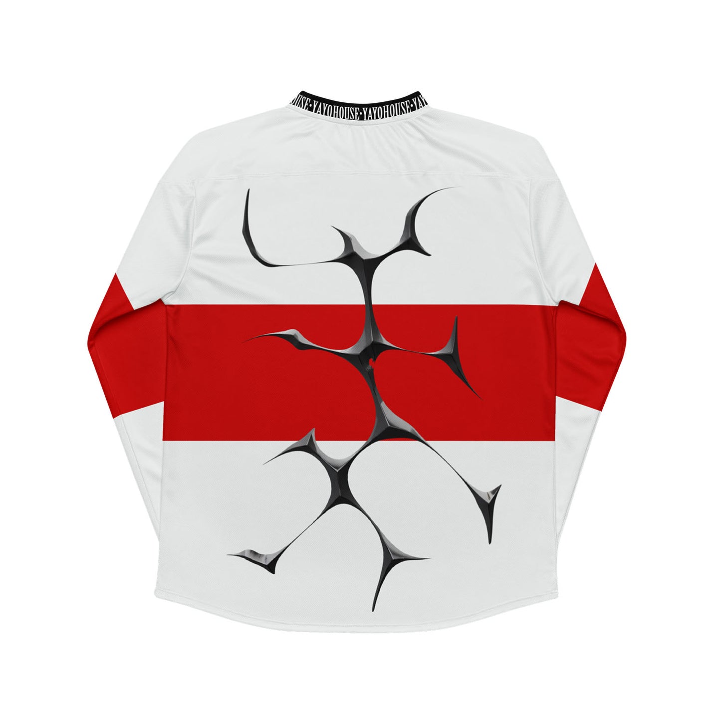 White and red long sleeve shirt with abstract design.