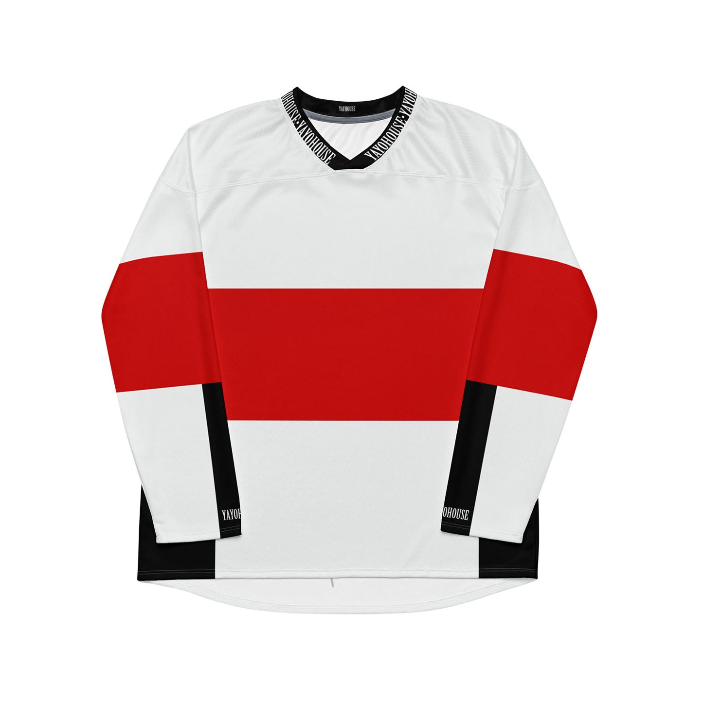 White, red, and black hockey jersey with "YAYOHOUSE" printed on the collar and bottom.