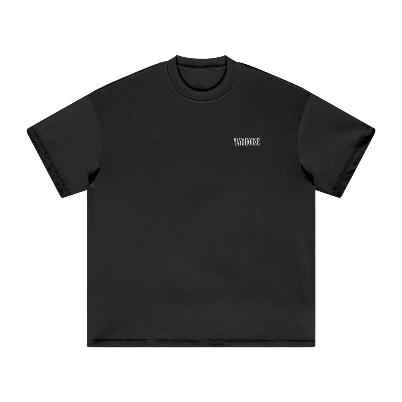 Black t-shirt with white text.
