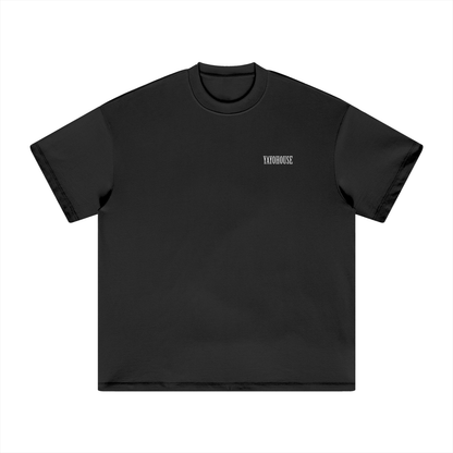 Black t-shirt with white text.
