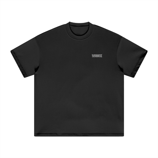 Black t-shirt with white text.
