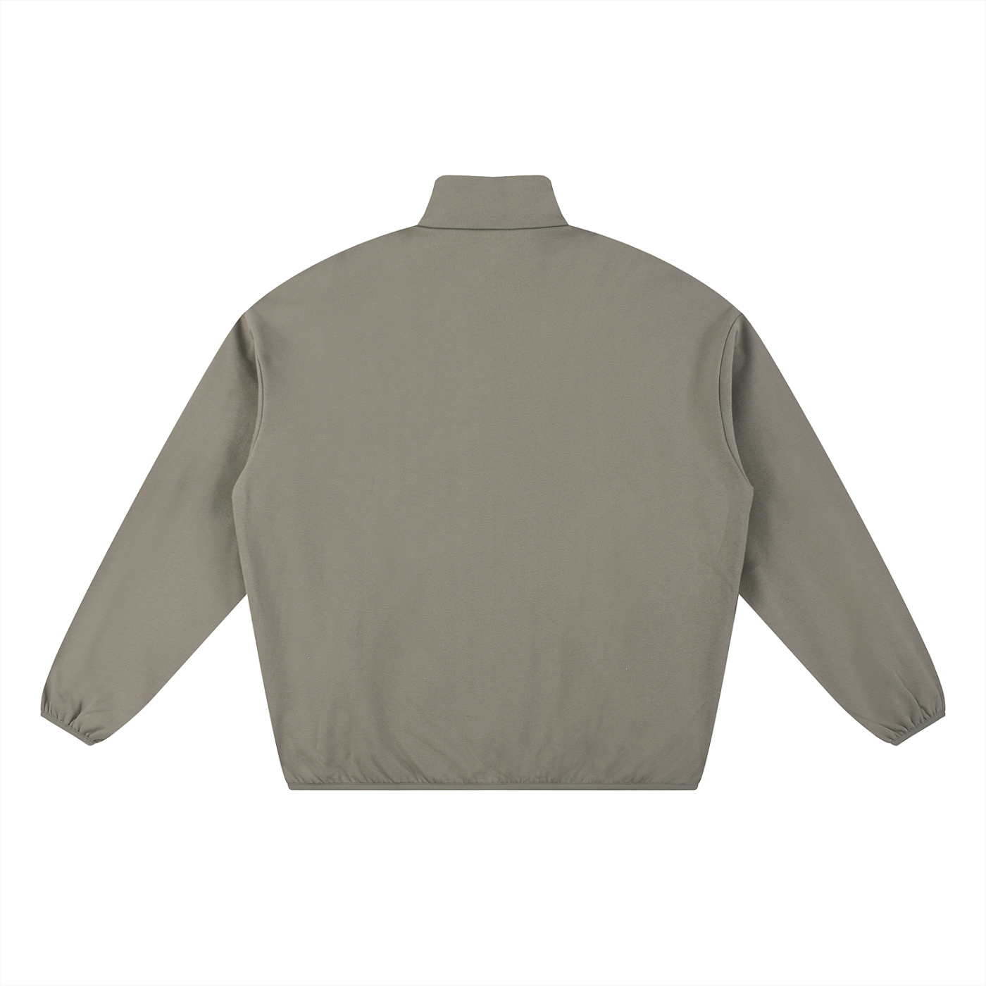 Back view of a khaki jacket with a stand-up collar.