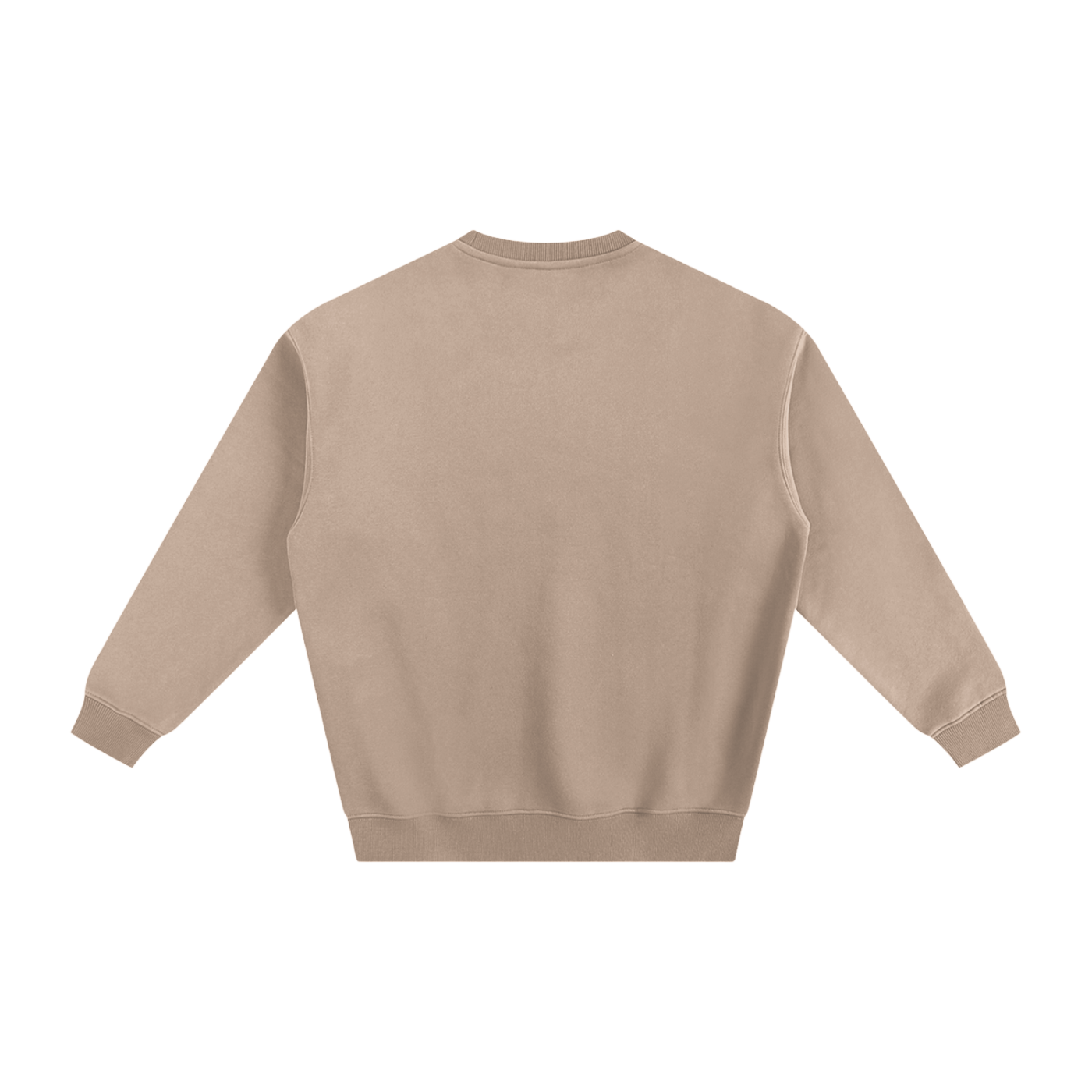 Back of a tan crew neck sweatshirt.