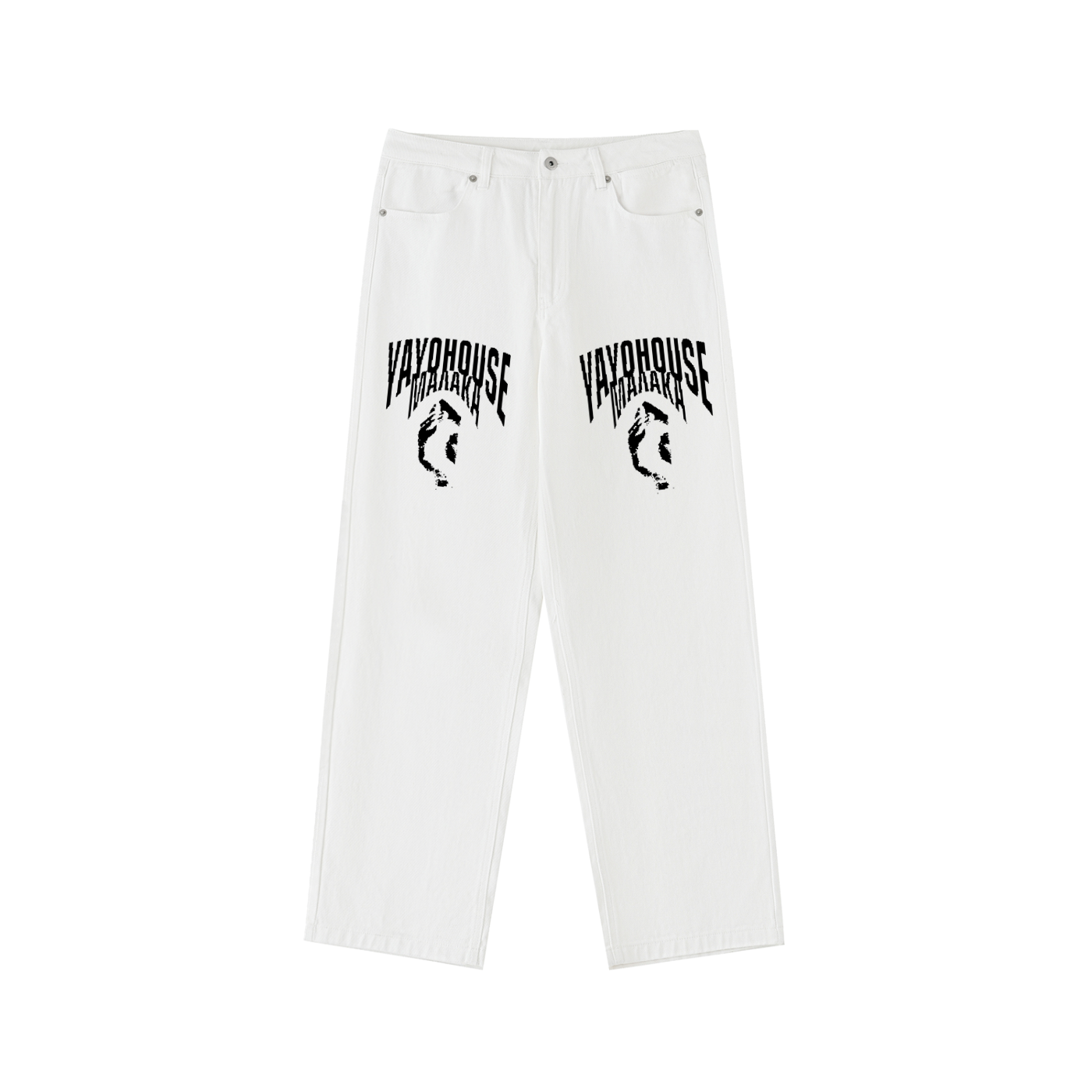 White denim pants with black graphic prints.