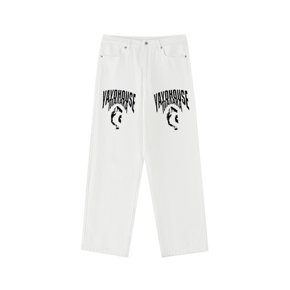 White denim pants with black graphic prints.