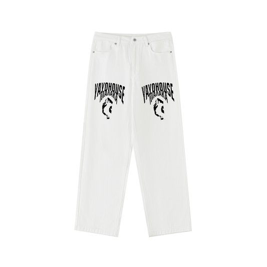 White denim pants with black graphic prints.