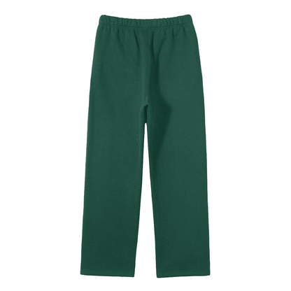 Green sweatpants with elastic waistband.