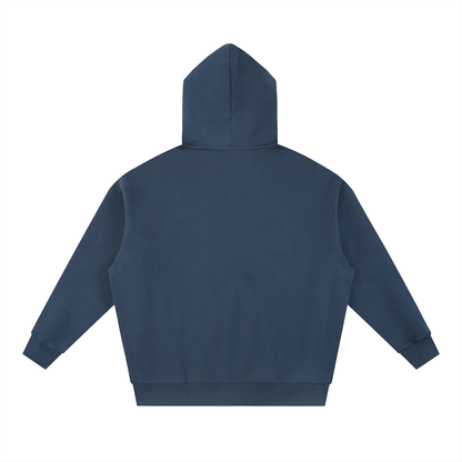 Back view of a navy blue hooded sweatshirt.