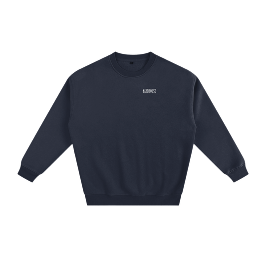 Navy blue sweatshirt with white text.

