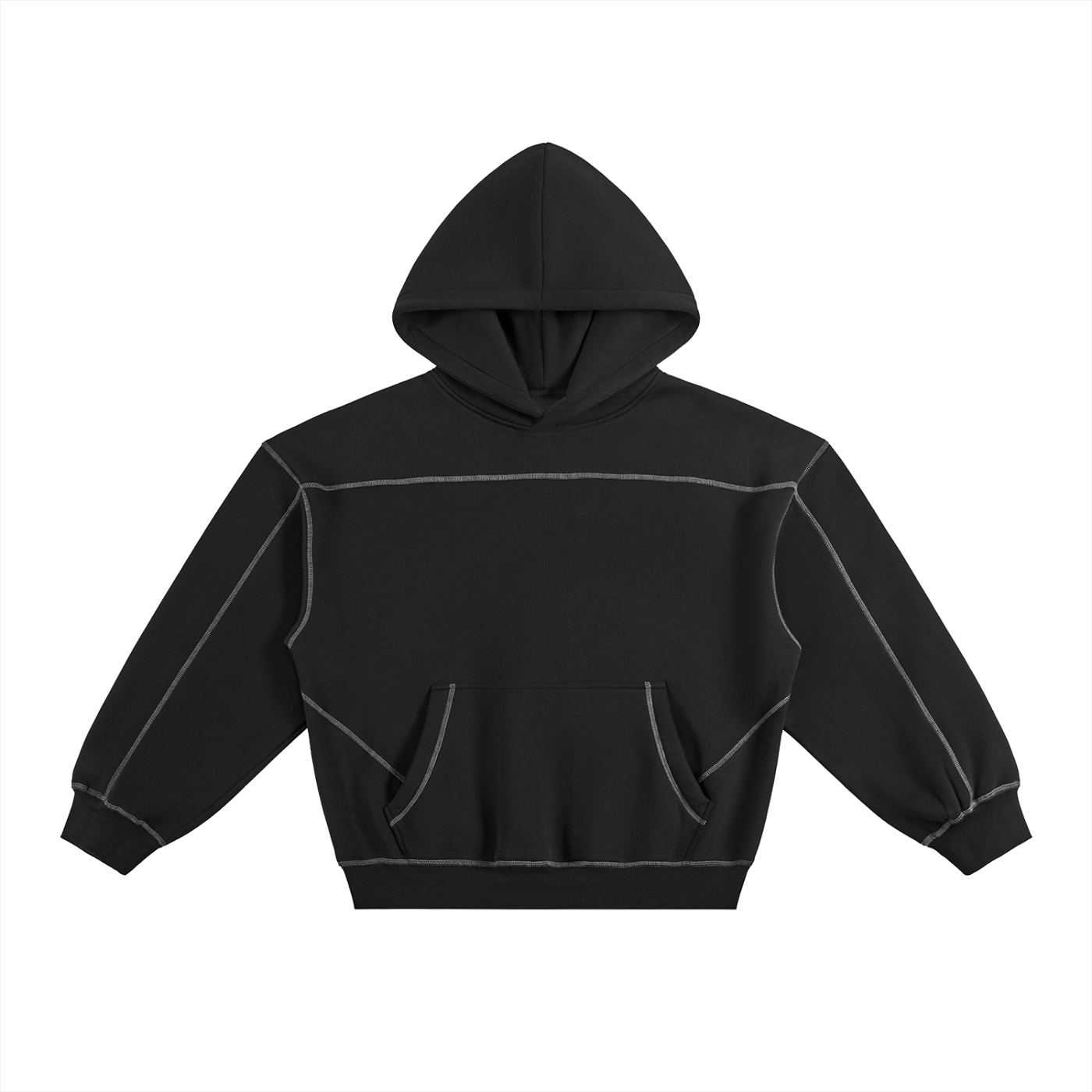 Black hooded sweatshirt with exposed seam details.