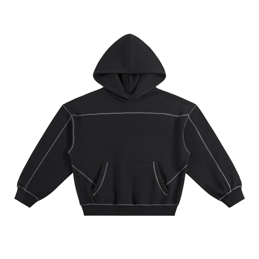 Black hooded sweatshirt with exposed seam details.