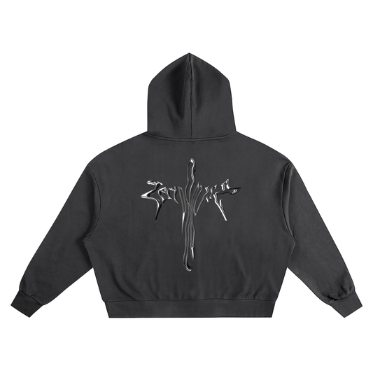 Charcoal gray hoodie with a metallic silver abstract design on the back.
