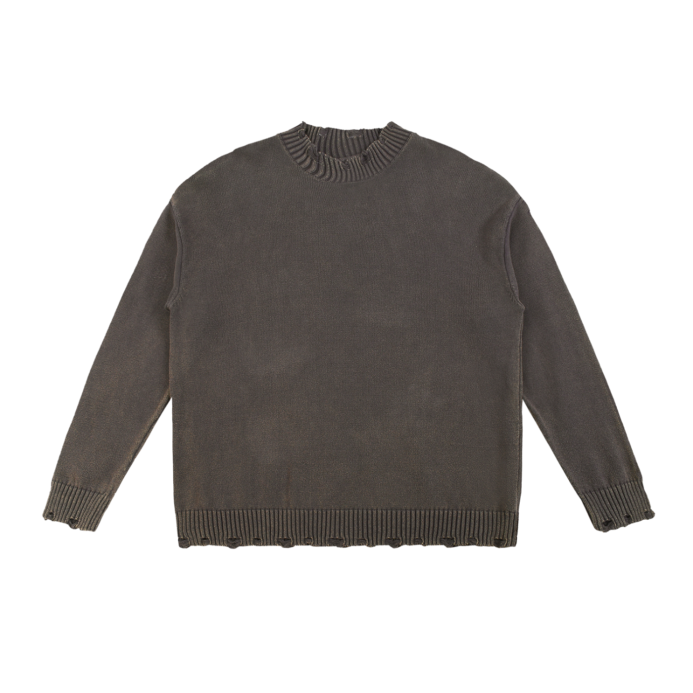 Gray distressed sweater with mock neck and ripped hem.