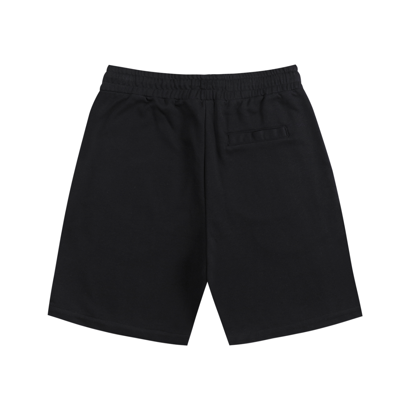 Back view of black athletic shorts.