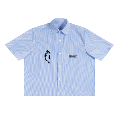 A light blue striped short-sleeved button-down shirt with a pocket.