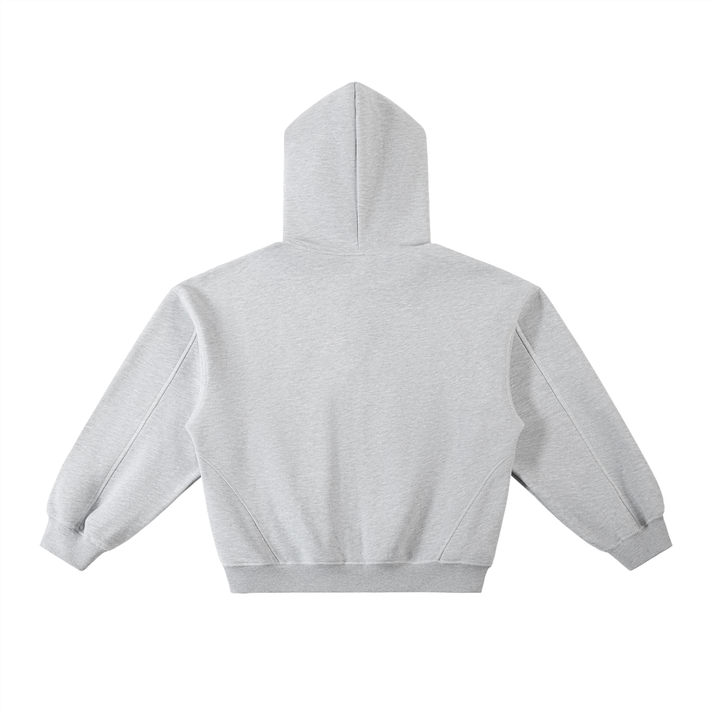 Back view of a gray hoodie with long sleeves and a hood.