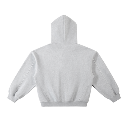 Back view of a gray hoodie with long sleeves and a hood.