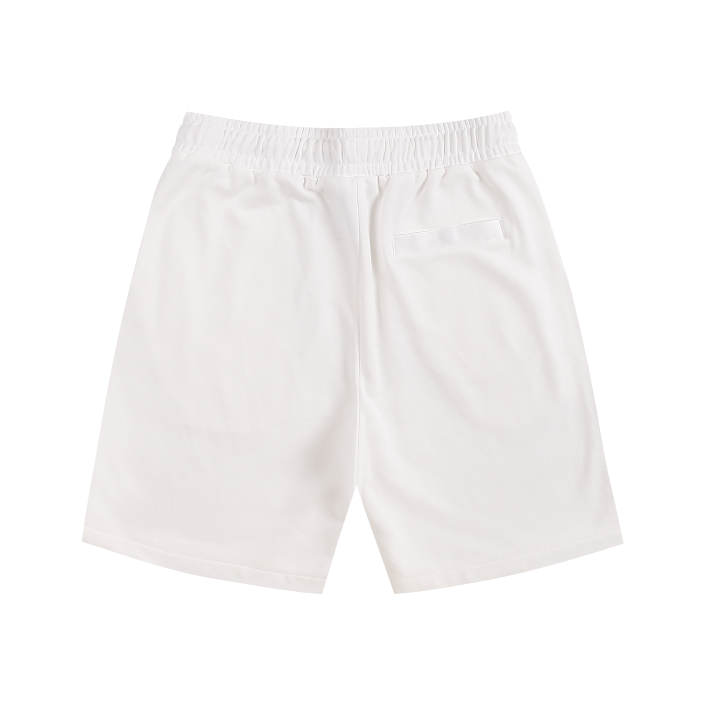 Back view of white athletic shorts with an elastic waistband and a back pocket.