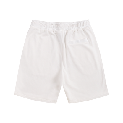 Back view of white athletic shorts with an elastic waistband and a back pocket.