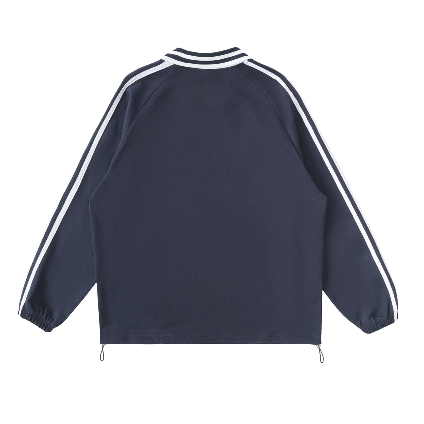 Back of a dark blue track jacket with white stripes.