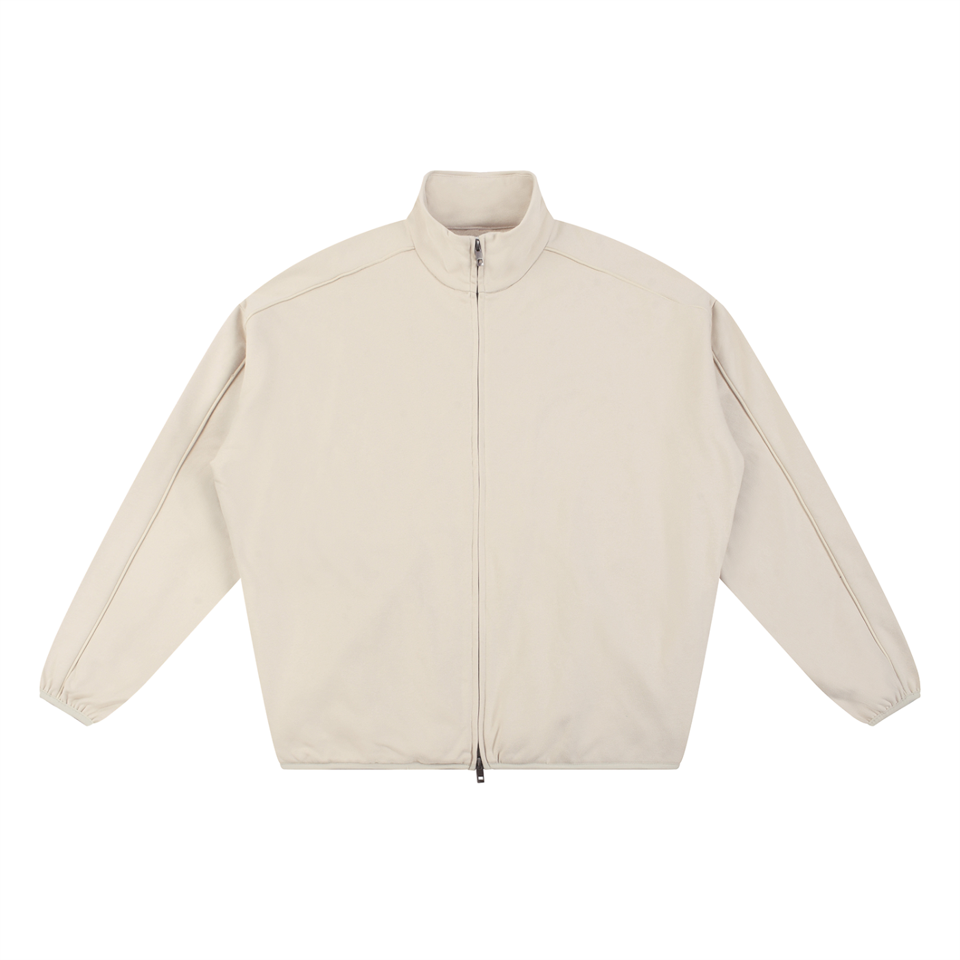 Cream-colored zip-up jacket.
