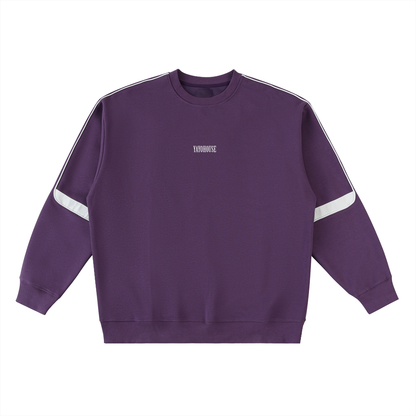 Purple crewneck sweatshirt with white stripes on the shoulders.