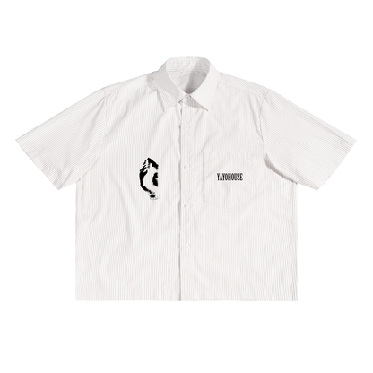 Striped white short-sleeved shirt with black design and logo.
